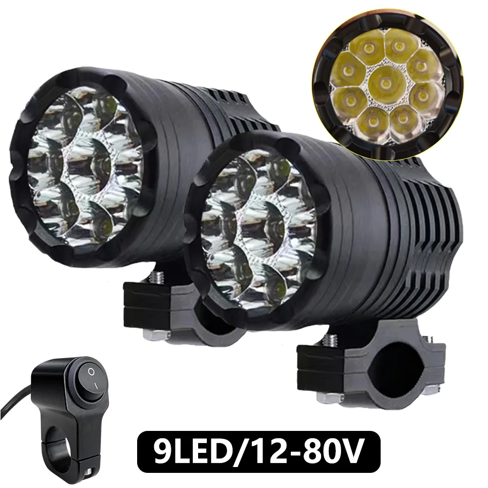 

9 LED Auxiliary Headlights For Motorcycle Lights 12-80V High/Low/Strobe Long Range Additional Moto Fog Light Motocross Spotlight