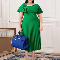 summer new green pleated dress curve women plus size ruffle vestidos elegant office lady female fashion 2022 casual midi dresses