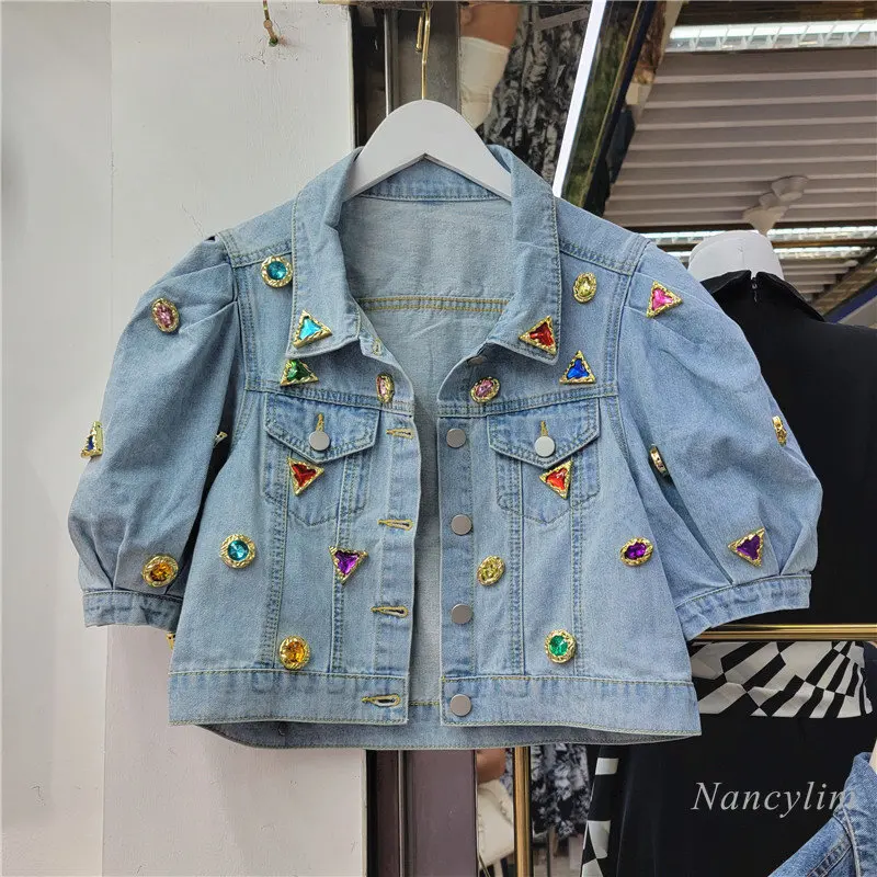 

Chic Women Short Puff Sleeve Diamonds Denim Coat Spring Summer Rhinestones Jeans Bomber Jacket High Waist Cowboy Streetwear Tops