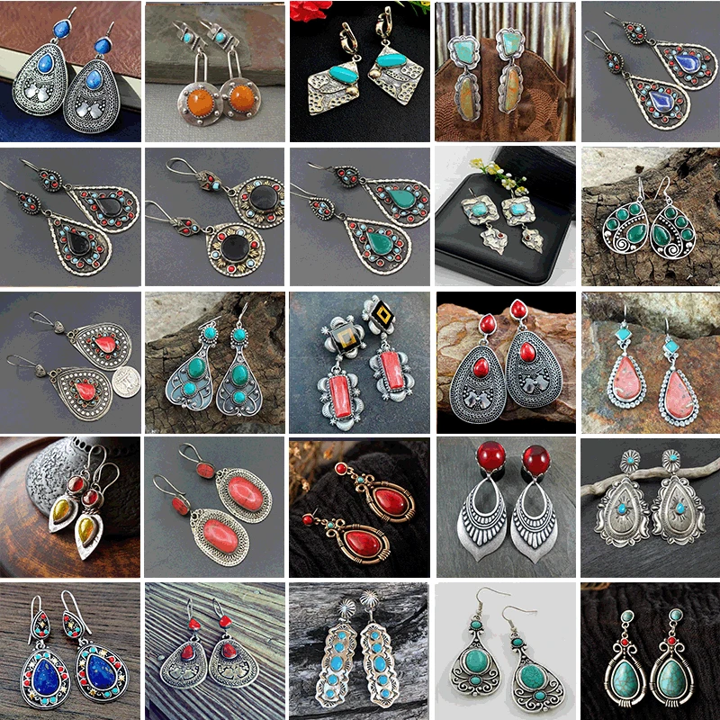 

Bohemian Oval Inlaid Turquoise 2023 New Women's Earrings Antique National Metal Silver Hand Carved Pattern Pendant Earrings