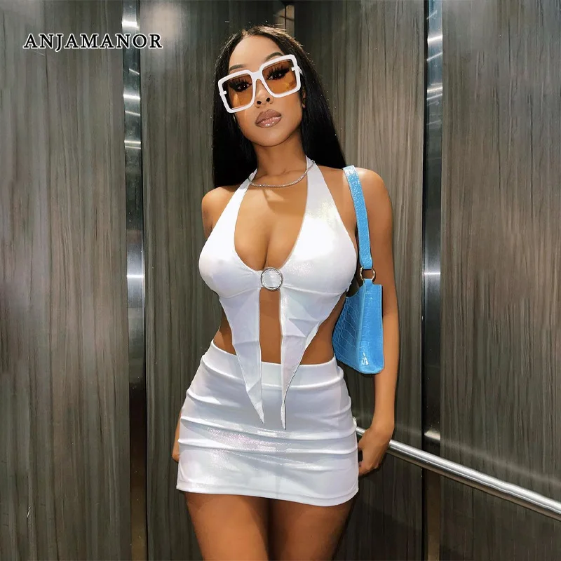 ANJAMANOR Sexy Summer White Two Piece Sets Womens Outifits Clubwear Festival Clothing Crop Top Mini Skirt Matching Sets D16-BI15