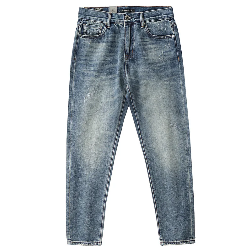 

Брюки мужские потертые в стиле ретро, тяжелые повседневные Прямые джинсы с эффектом потертости, с завязкой на щиколотке, в стиле ретро, весна-осень