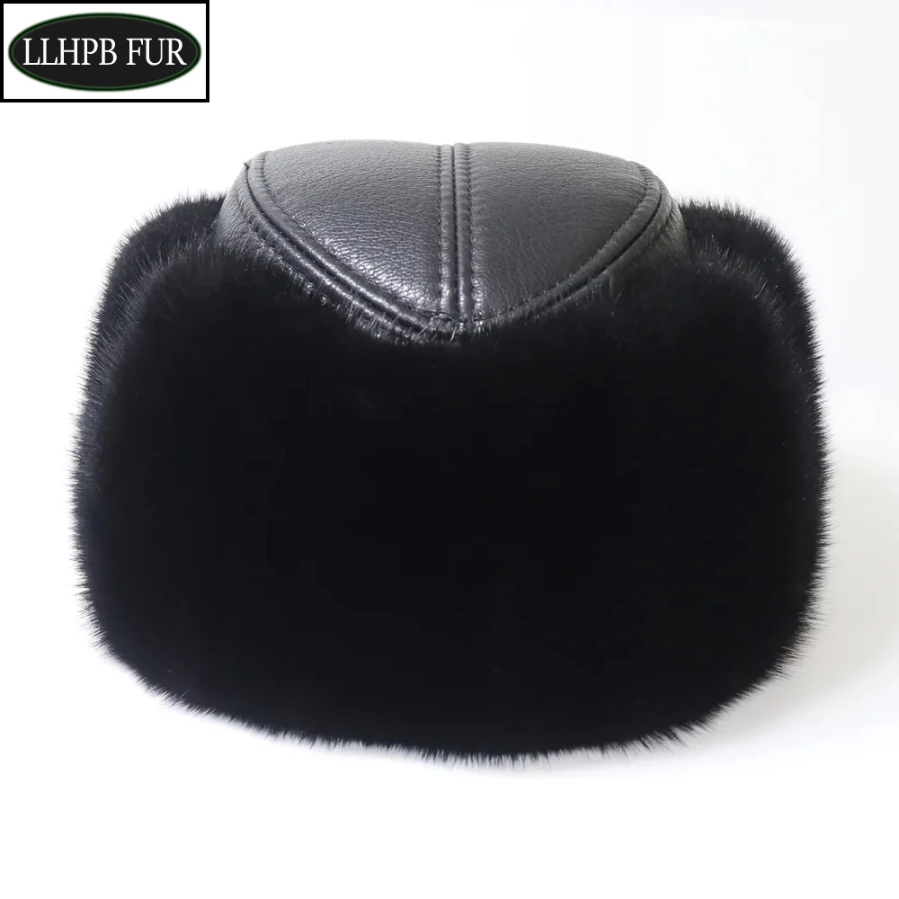 

Men Winter Outdoor Keep Warm Real Mink Fur Bomber Hat 100% Natural Sheepskin Leather Cap Russian Male Genuine Muskrat Fur Hats