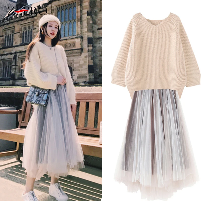

Women Outfits Sets Leisure Solid All-match Knitting Elegant Clothes Womens Kawaii Mesh Skirt Korean Style Winter 2 Piece Set