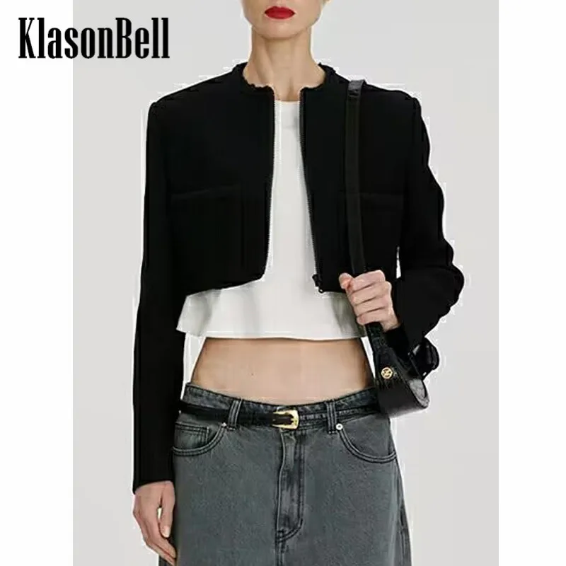 

10.24 KlasonBell 2022 Autumn Winter New Cotton Black Short Spliced Tweed Pocket O-Neck Zipper Jacket Women