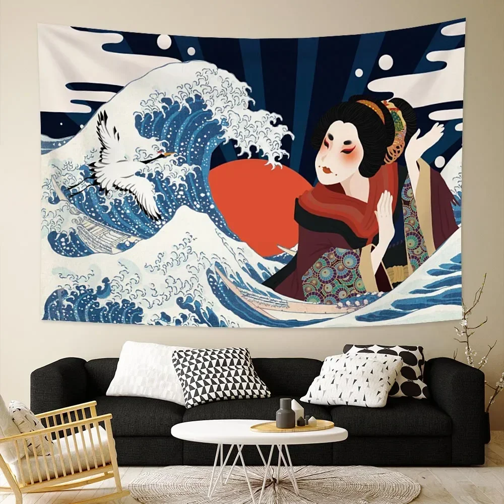 Japan Kanagawa Sea Wave Curtain Tapestry Print Geisha Boho Cloth Beautiful Woman Bedroom Home Decor Mandala Wall Hanging