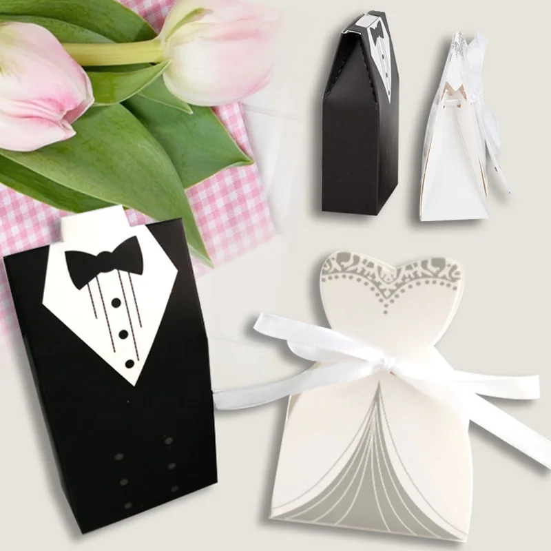 Es With Ribbons Foldable Bride Dress Groom Tuxedo Engagement Favor Gifts Paperboard Box