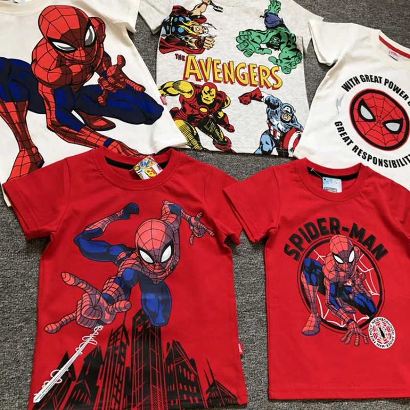 

Summer Kids Clothes for Boys Marvel Cartoon Hero Iron Man Spiderman Hulk Short Sleeve T-shirt High Quality Cotton Tees 3-8y