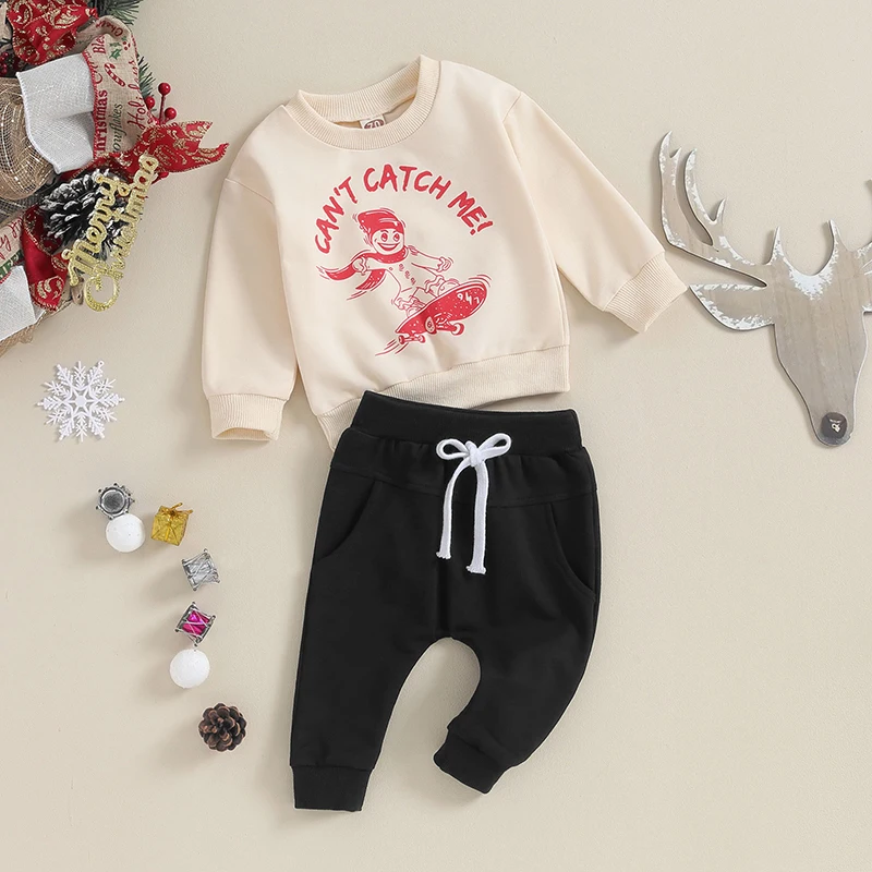 

Toddler Boy Christmas Clothes Letter Skateboard Print Long Sleeve Tops Solid Color Pants Set Fall 2Pcs Outfit