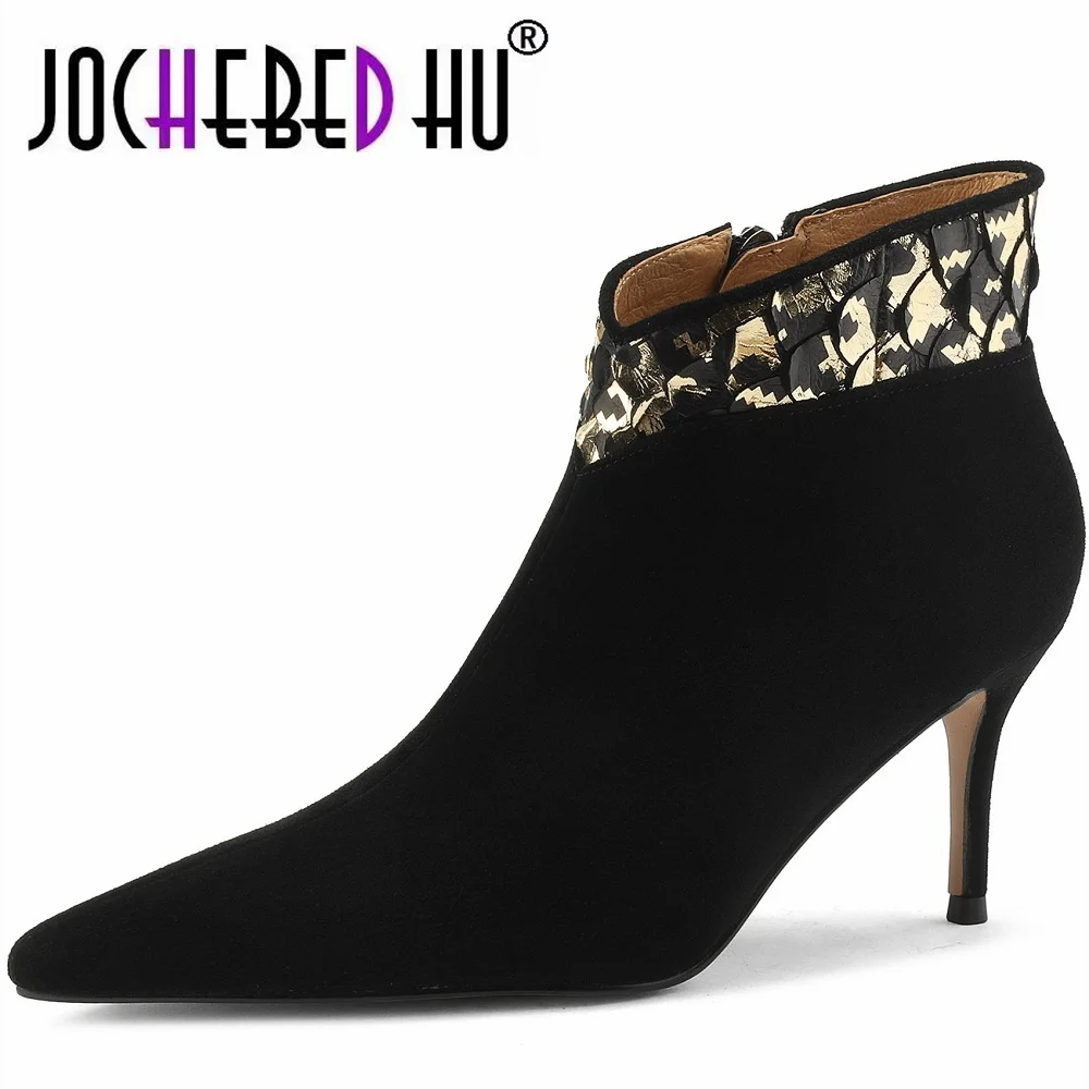 

【JOCHEBED HU】Women ankle boots natural leather kid suede+snake skin full leather modern boots side zipper high heel short boots