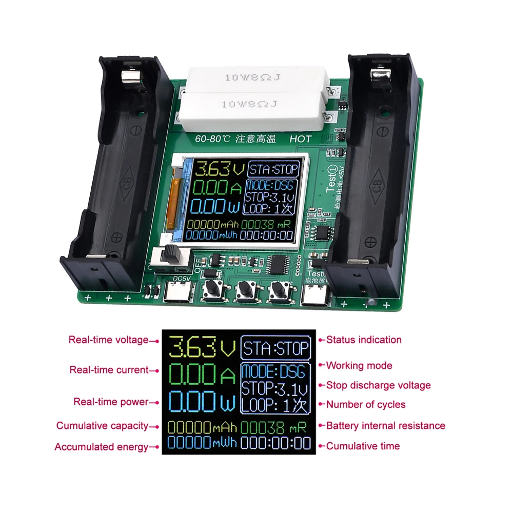 

18650 Lithium Battery Capacity Tester Module High Precision Type-C USB LCD Digital Display Voltage Current Power Detector
