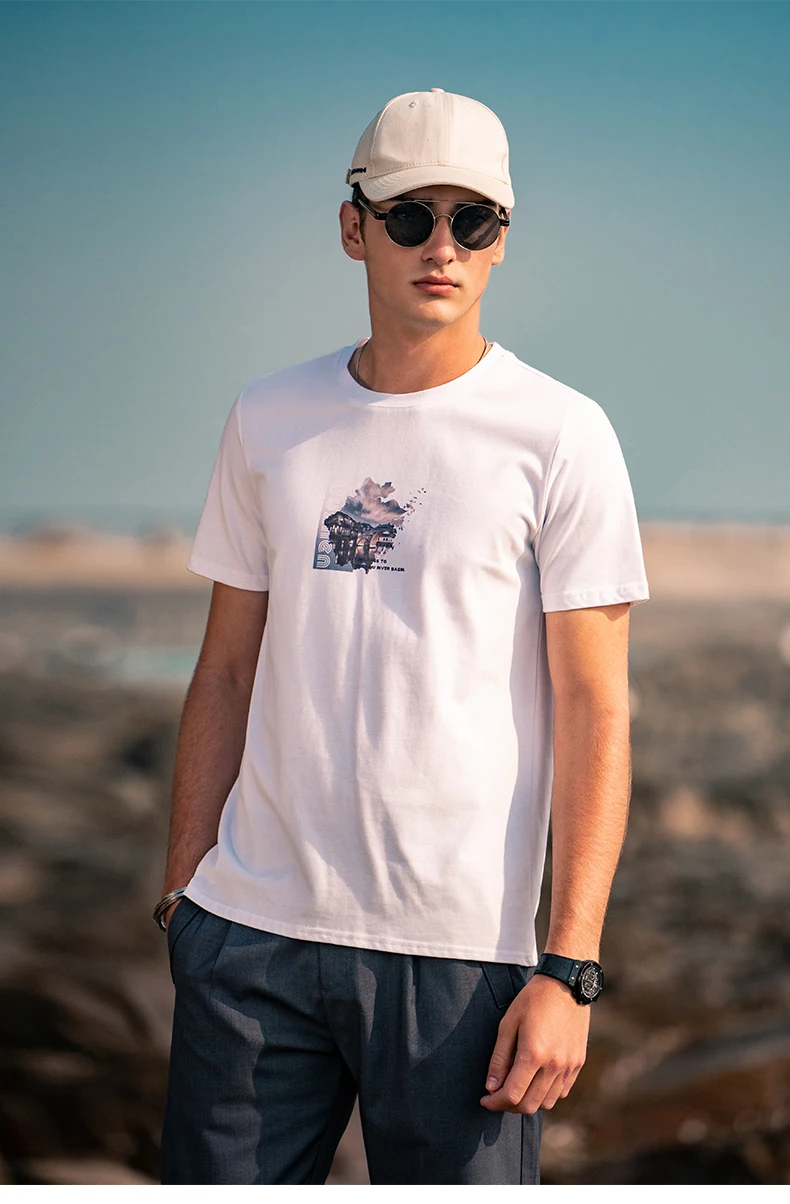 

6621 new short-sleeved T-shirt fashion brand creative Wuzhen landscape printing half-sleeved T-shirt