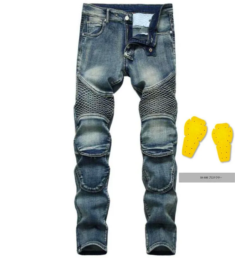 

European and American denim knee pads riding elastic pants motorcycle can be equipped with protective gear Slim men's pants