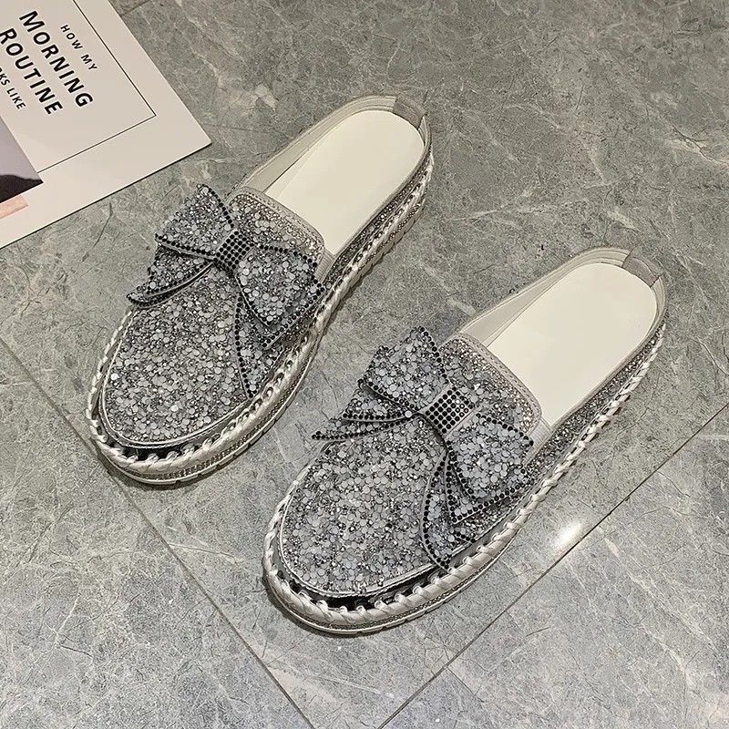2022 Sequin Diamond Ladies Flat Shoes Beauty Shoes Rhinestone Ladies Casual Leather Shoes Round Toe Slip-on Platform Shoes