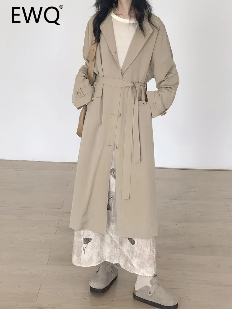 

EWQ Simplicity Lace-up Gathered Waist Trench For Women Lapel Single Breasted Elegant Female Outwear 2023 Auttumn New 26D5397