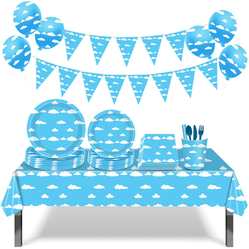 

Blue disposable tableware set sky white cloud paper tray paper cup paper towel wholesale children birthday party decoration set