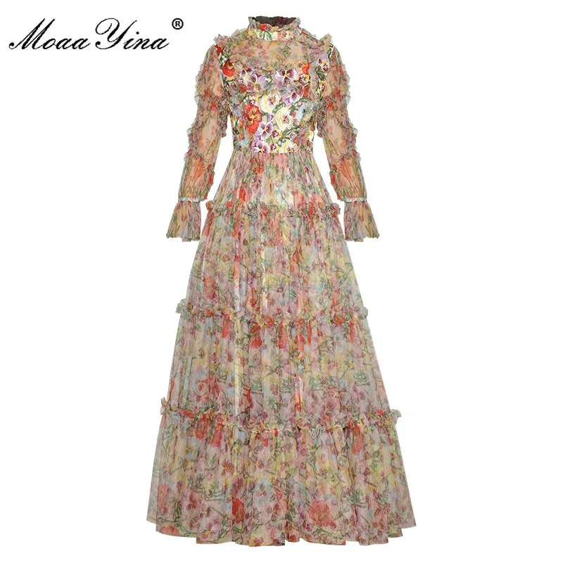 

MoaaYina, модное дизайнерское летнее платье, женское платье, стоячий воротник, длинный рукав, принт, вышивка, сетчатые платья