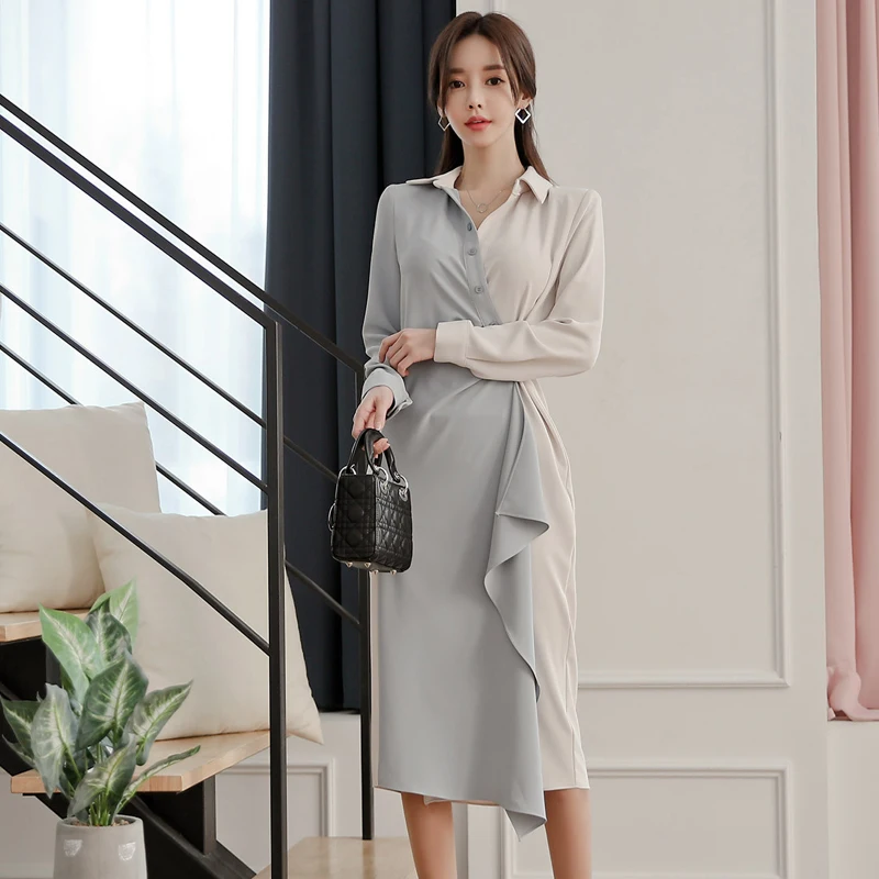 

Elegant Long Sleeve Long Shirt Dress Autumn New Office Lady Formal Work Dress