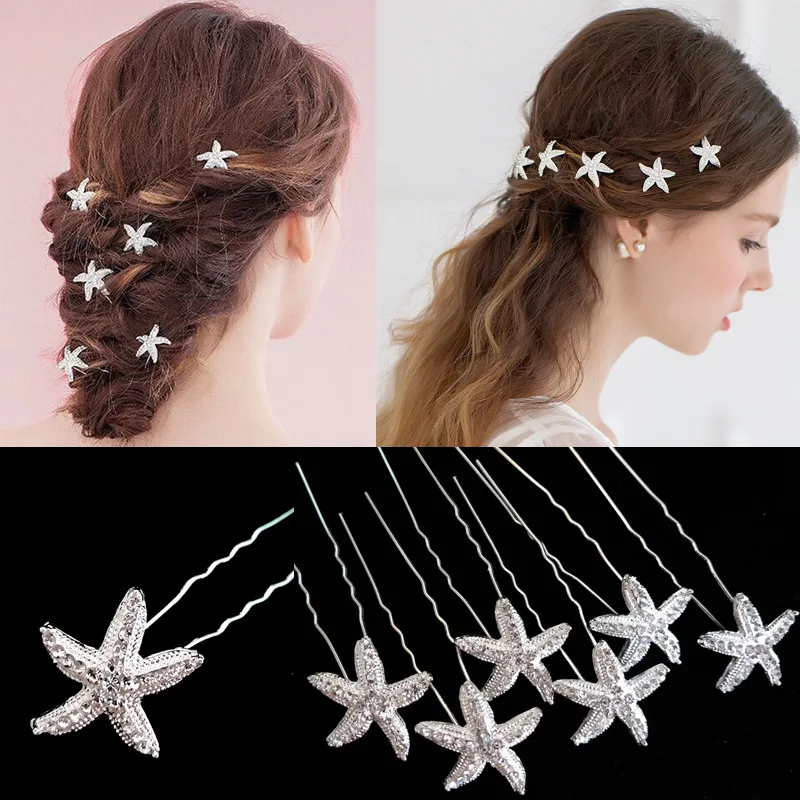 

5pcs Silver Shiny Wedding Hairpin Starfish Rhinestone Pearl U-shaped Bun Bride Stick Queen Jewelry Ornament Hair Fork Accessory