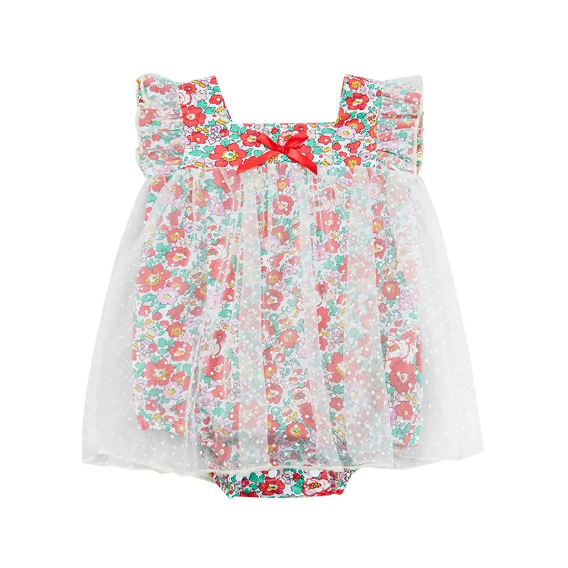 

Новинка 2022 года, Детский комбинезон из тюля для девочек, летнее боди с оборками на рукавах и бантом спереди с цветочным принтом