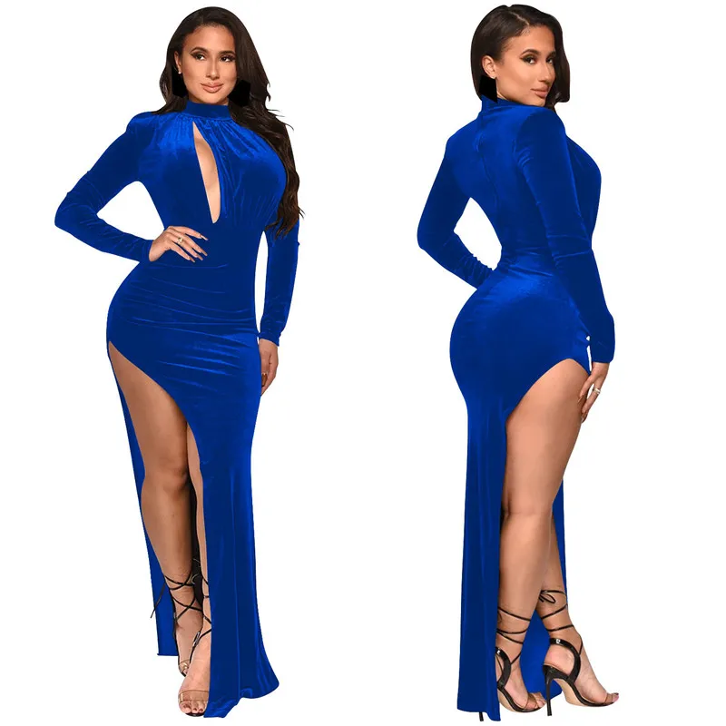 

WUHE High Side Slit Cut Out Front Long Sleeve Maxi Bodycon Women Velvet Dress Sexy Party Club Night Pencil Long Dresses