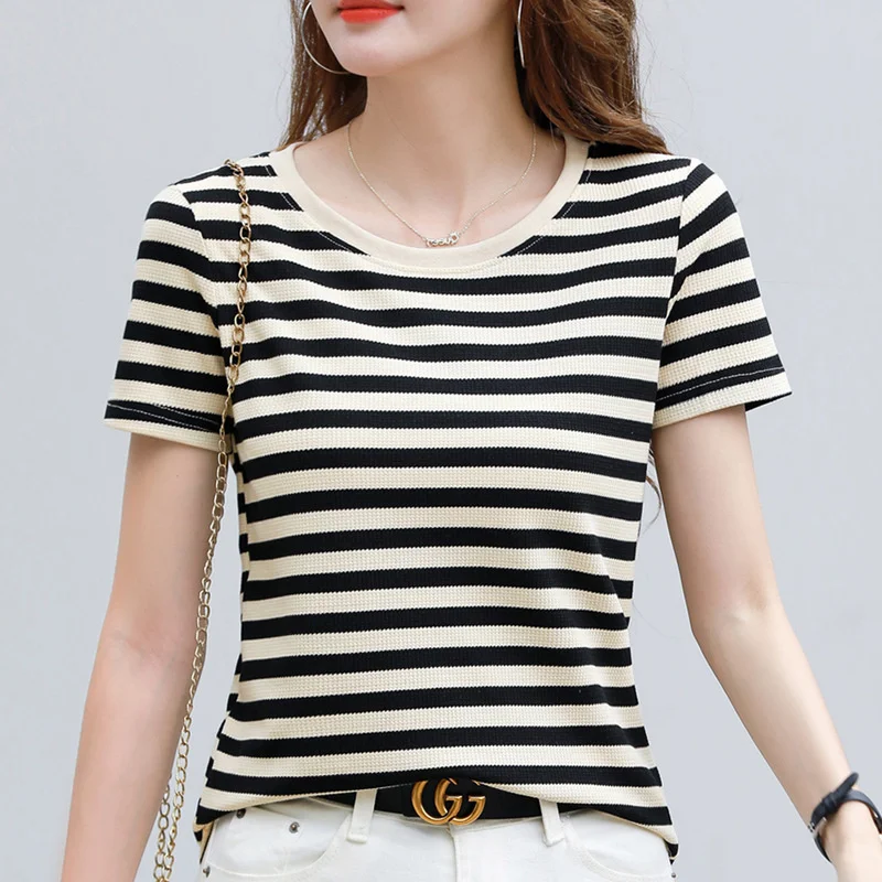 #0203 летняя полосатая футболка женская короткая с круглым вырезом коротким