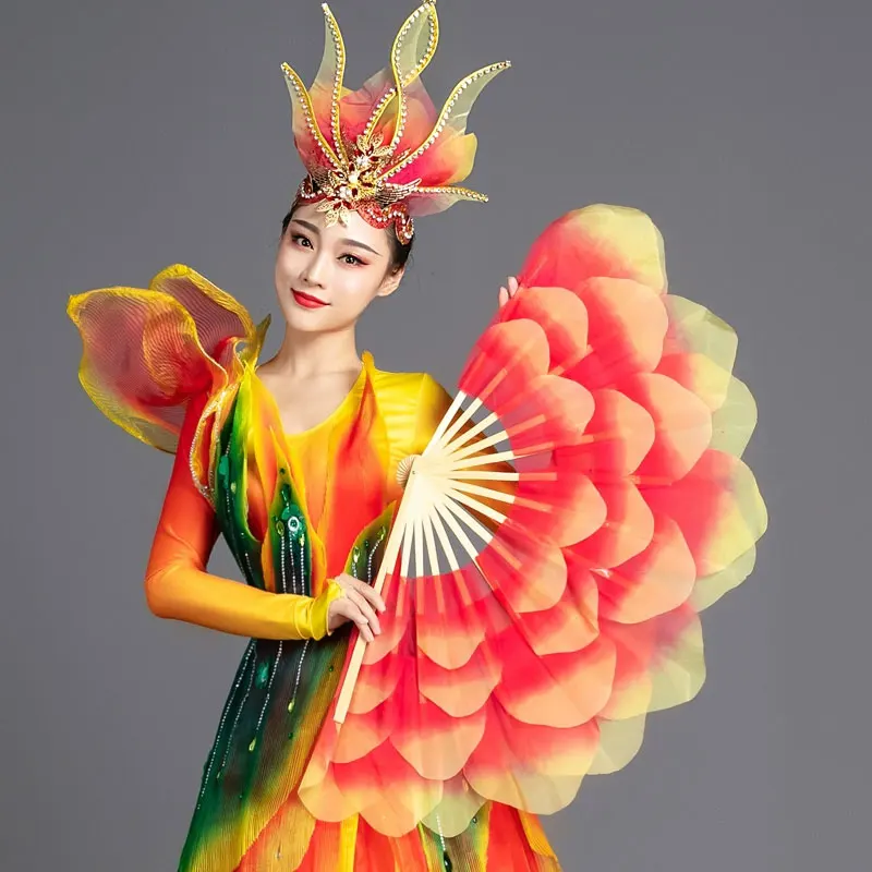 

Peony Flower Fan Stage Performance Handfan Double-sided Large Flower Petals Folded Fan Bamboo Bonegroup Dance Performance Prop