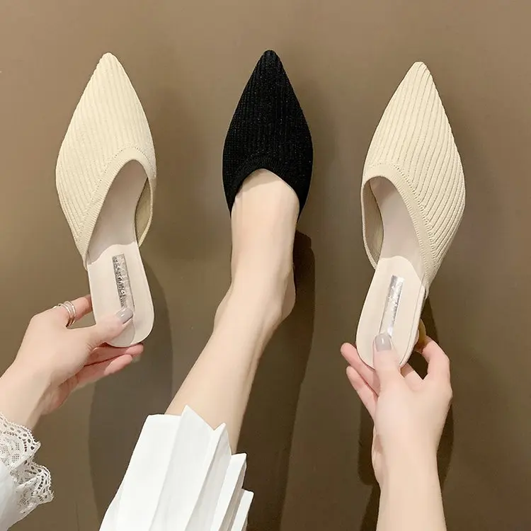 

Pointed Toe Slippers Casual Low Loafers Shoes Woman 2022 Shallow Pantofle Luxury New Summer Hoof Heels Slides Rubber Fabric PU