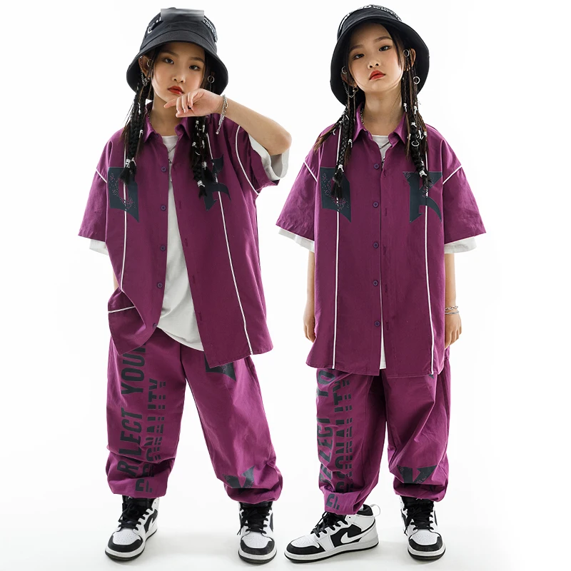 

2023 летняя детская одежда для мальчиков, танцевальный костюм в стиле хип-хоп, топы для девочек, штаны, фиолетовый свободный костюм, повседневная одежда для уличного танца, Kpop BL10547
