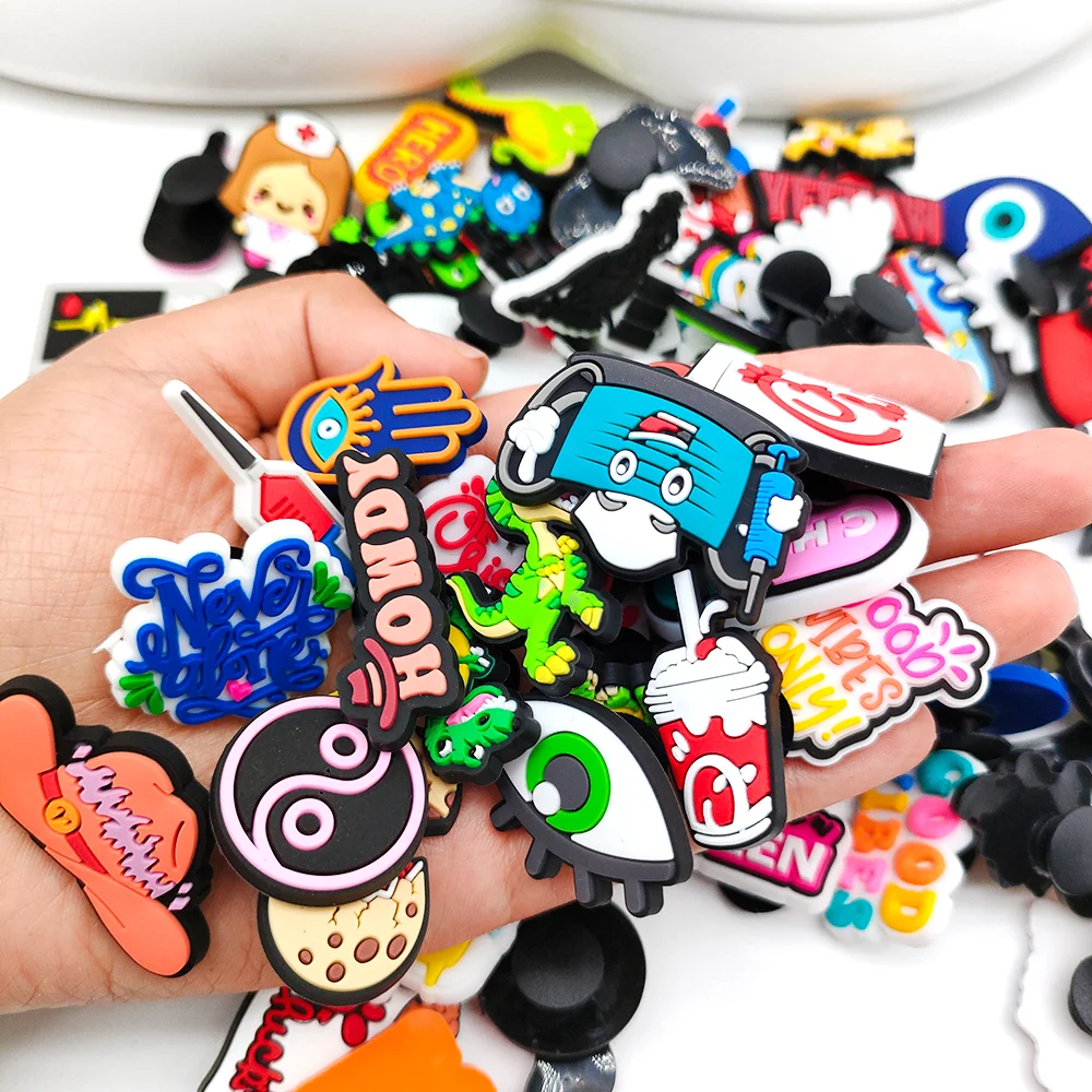 100Pcs Boys Girls Hamburg Shoes Accessories PVC Dinosaurs Phrases Garden Sandals Decorations For Eyes Croc Jibz Charms Kids Gift