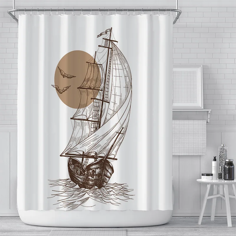 

Vintage Sailing Boat Waterproof Bathroom Shower Curtain White Simple Ready-made Room Curtains Decoration Bathroom Accessories