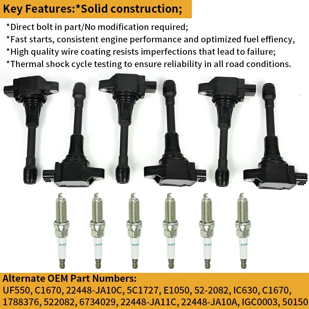 

Катушка зажигания 6 шт. и иридиевая Свеча зажигания 6 шт. для 2009-2019 Nissan Altima Maxima 3,5 V6 UF550
