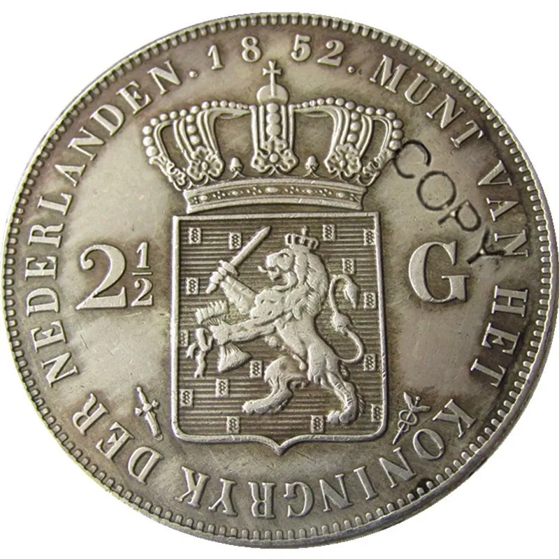 Нидерланды, 1852 2 1/2 Gulden Willem lll Посеребренная копия декоративная монета