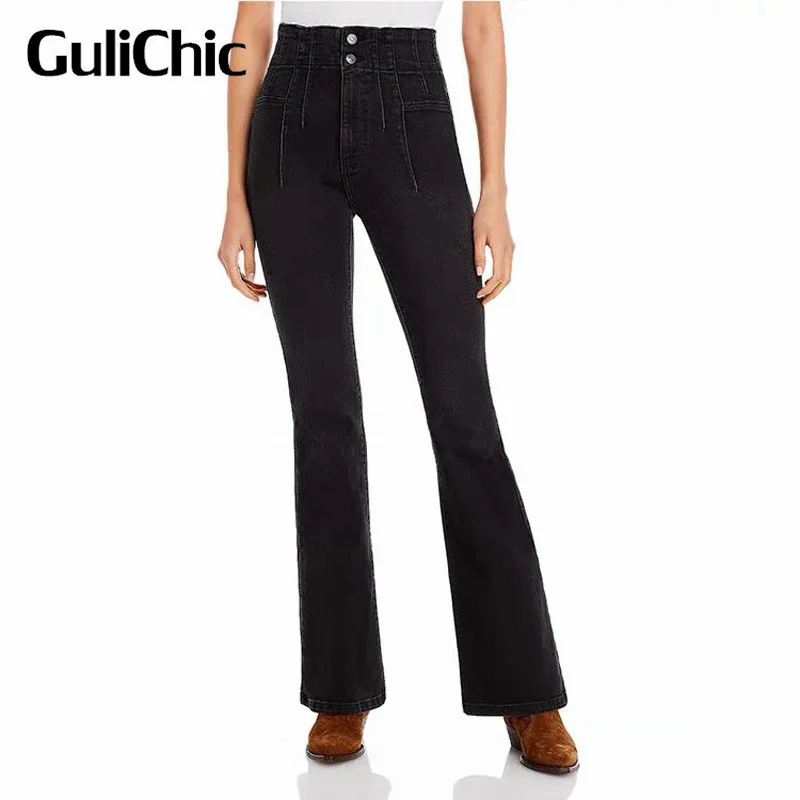 11.1 GuliChic Women Fashion Solid Color Mid Waist Slim Elastic Comfortable Flare Jeans