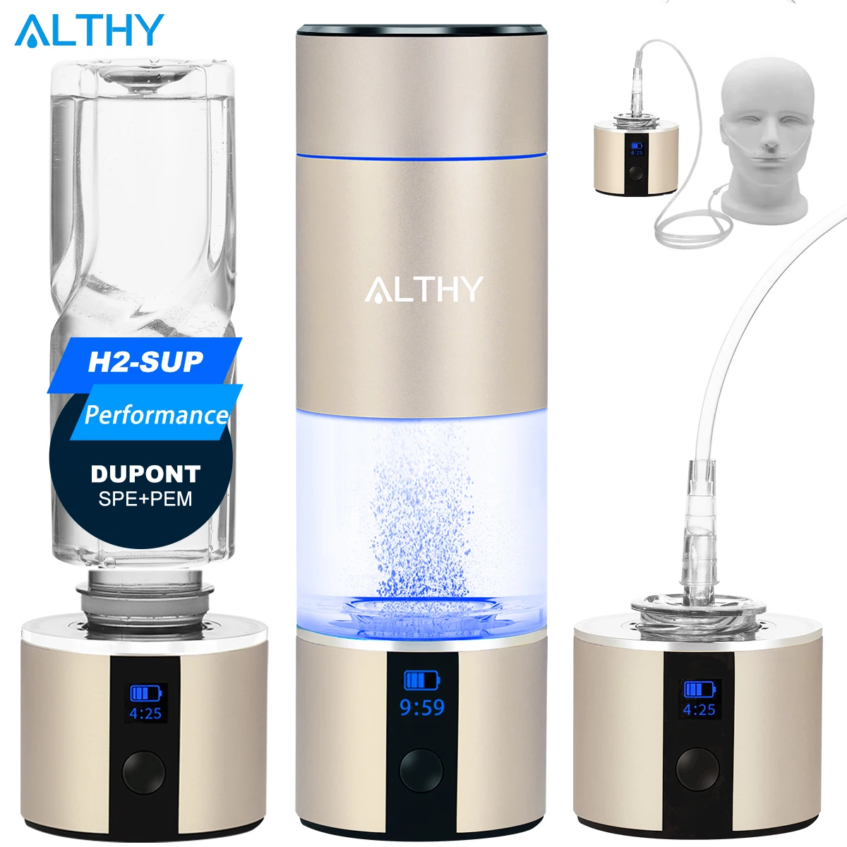 ALTHY H2-SUP водородный генератор воды бутылка DuPont SPE + PEM двойная камера lonizer чашка + H2 ингаляционное устройство 5000PPB макс