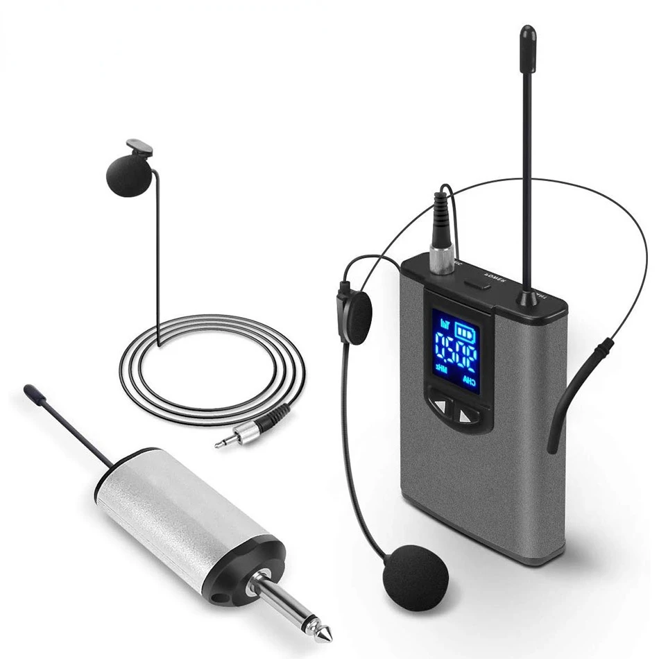 

UHF Wireless Headset Microphone/Lavalier Lapel Mic+Bodypack Transmitter Mini Rechargeable Receiver 1/4" Output for Support Phone