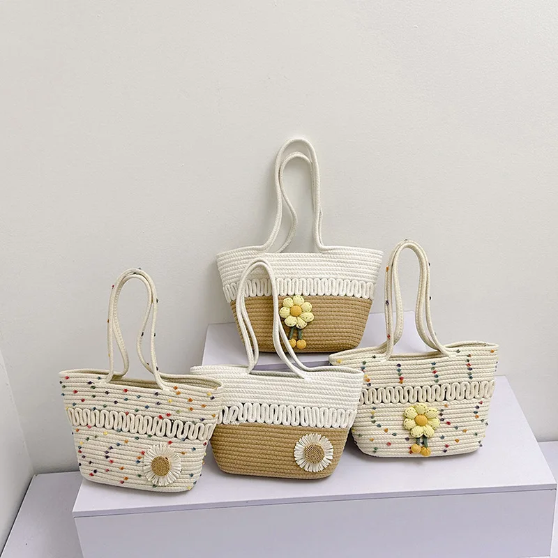 

2023 New Flower Small Bucket Bag Casual Women Handbag Cotton Rope Woven Shoulder Bag Summer Beach Tote Bag Bali Shopper Purse