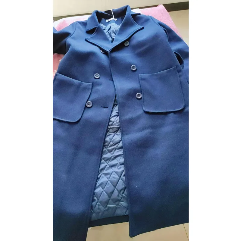 Autumn Winter Women Woolen Cloth Coat Warm Long Length Double Breasted Navy Blue Female Elegant Outerwear Loose Belt Overcoat images - 6