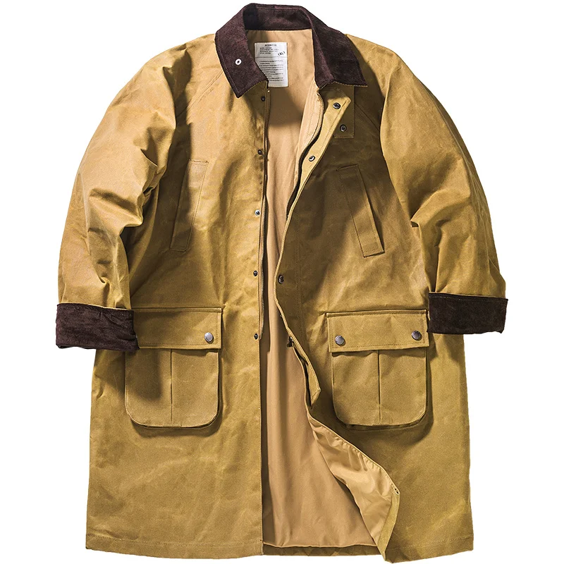 

Men's Oil-wax Trench Coat Long Loose Waterproof Military Windbreaker Safari Biker Jacket Spring Autumn Outdoor Vintage Clothes
