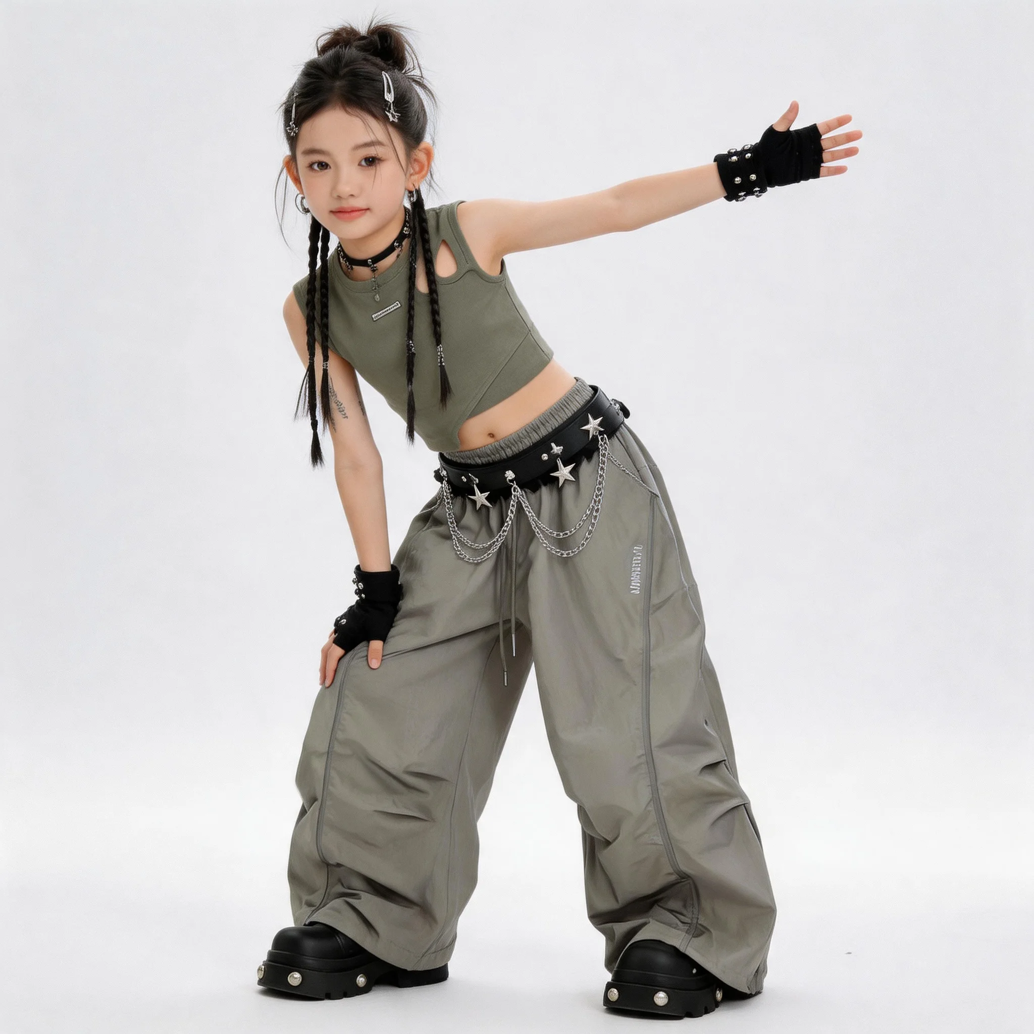 Фото Одежда для танцев в стиле K-pop, хип-хоп, джаз для девочек: черный топ на бретелях, серые повседневные брюки с широким поясом. №4