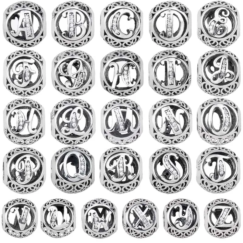

2016 Sping Collection A-Z Openwork Alphabet 26 Letter With Crystal Bead 925 Sterling Silver Charm Fit Popular Bracelet Jewelry