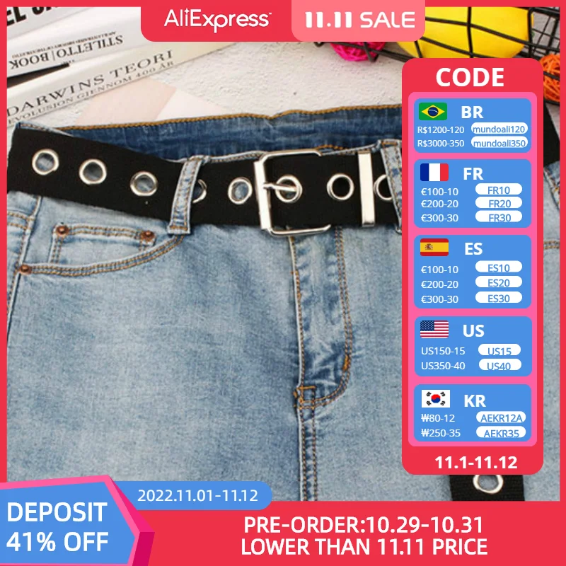 

Long Personality Harajuku Casual Ring Black Metal Belt Students Jean Canvas Waist Belts Tide Silver Pin Buckle