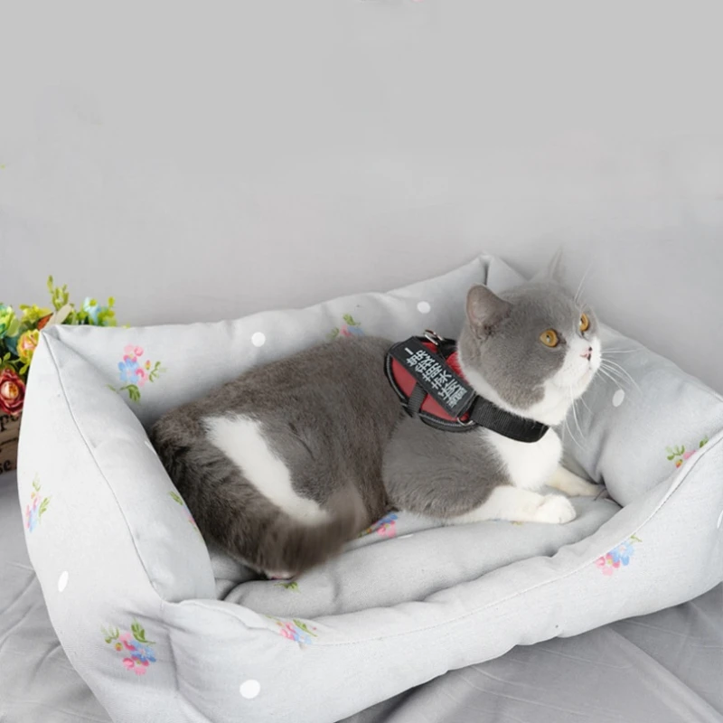 

Canvas Pet Cat Bed Square House comfortable Soft Sleeping mat gray blue flower puppy pad Removable Small Dog kitten Cats Kennel