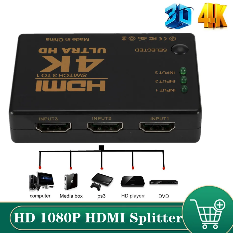 

HDMI Switch 4K Switcher 3 in 1 out HD 1080P Video Cable Splitter 1x3 Hub Adapter Converter for PS4/3 TV Box HDTV PC