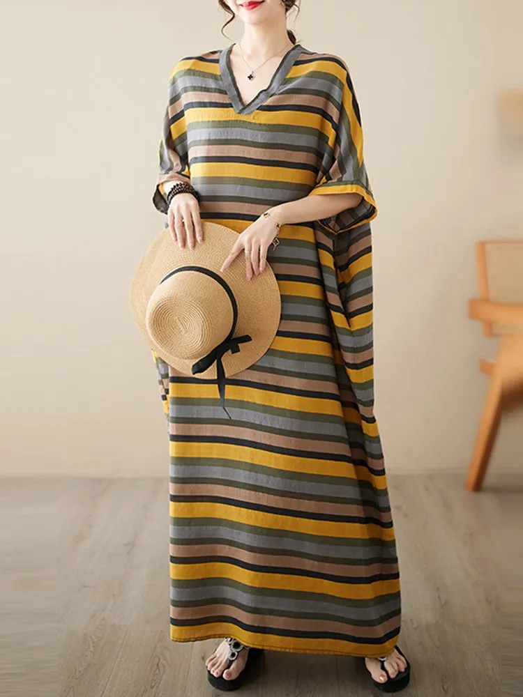 Женское повседневное длинное платье, Новинка лета 2023, винтажный стиль, v-образный вырез, полосатые свободные удобные женские хлопковые праздничные платья B2488