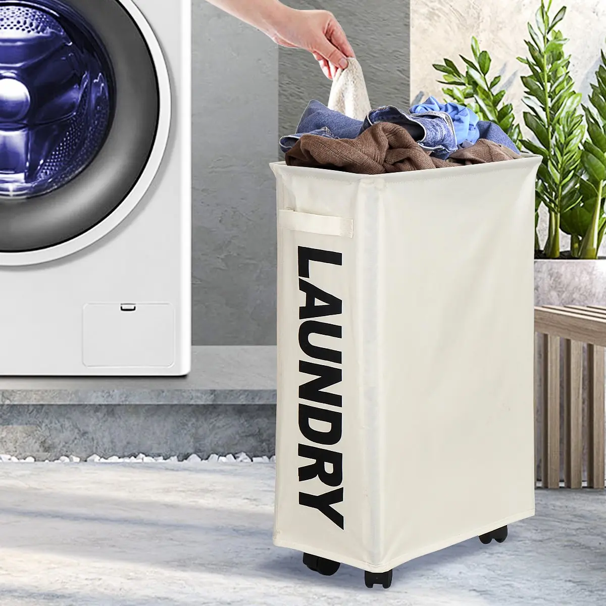 

22" Rolling Slim Laundry Basket with Handle on Wheels Closet Storage Organizer Eco-friendly 600D Fabric Oxford