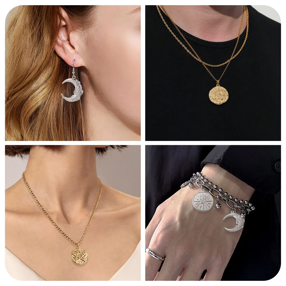 16Pcs 304 Stainless Steel Sun Moon Star Pendant 2 Colors Charms for Necklace Bracelet Earrings DIY Jewelry Handcrafted Making