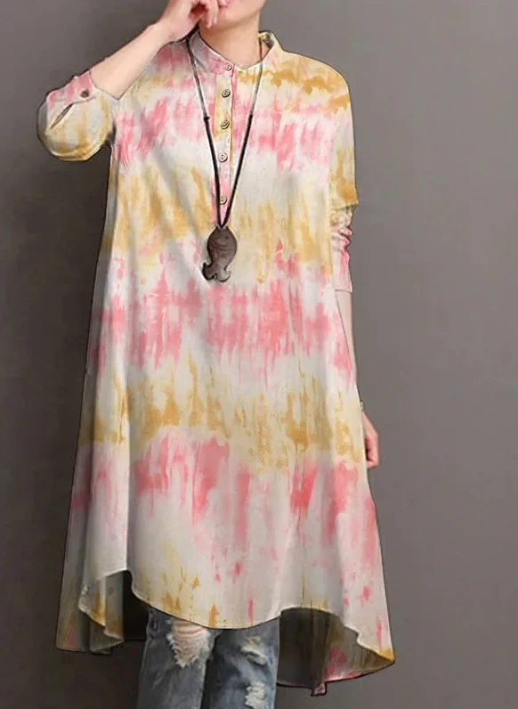 2021WishAutumn Платье-рубашка без воротника в радужную полоску: свободный крой длинные