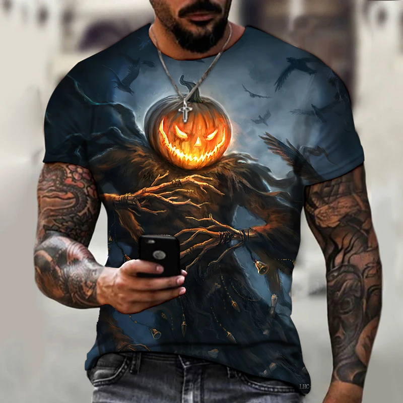 

Halloween Pumpkin Lantern Horror Theme Skull 3D Print Men Casual Short Sleeve Street Fashion Oversized Top Festival Costume Tee