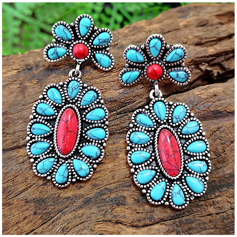 

2022 Turquoise Oval Earring Bohemian Dangle Metal Western Earrings for Women Cowgirl Vintage Statement Teardrop Stude Charm Gift